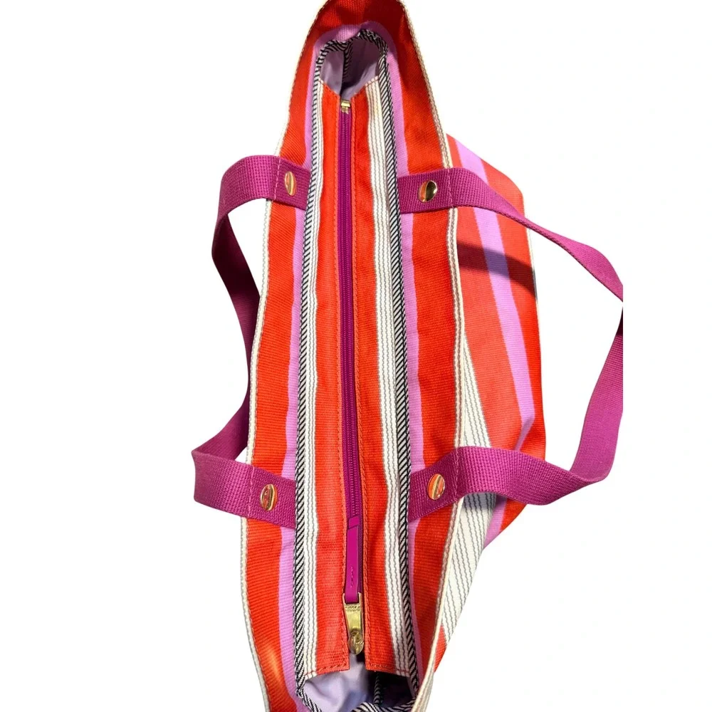 Fossil Key-Per Striped Canvas Tote Bag Orange Pink Shoulder Bag